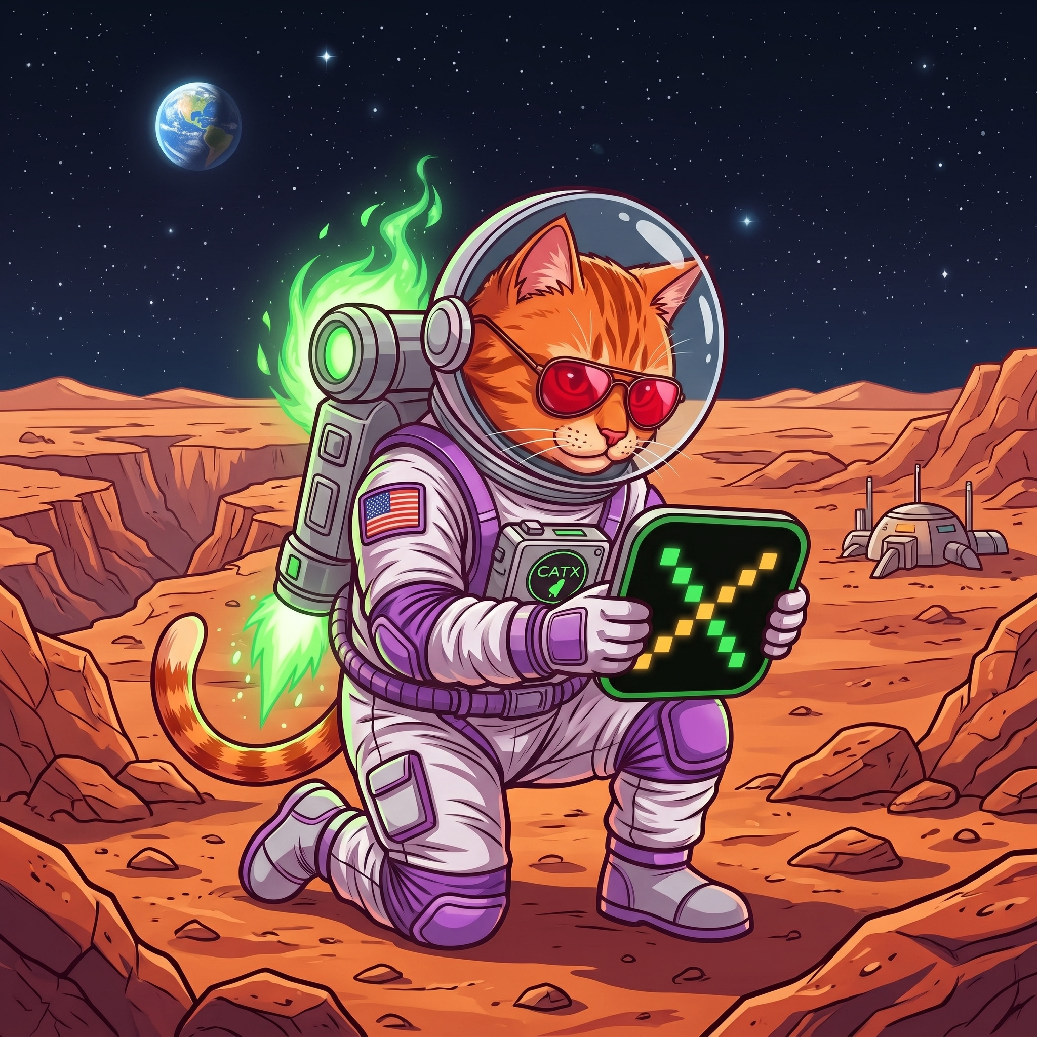 Cosmo Cat on Mars holding the SpliceX logo